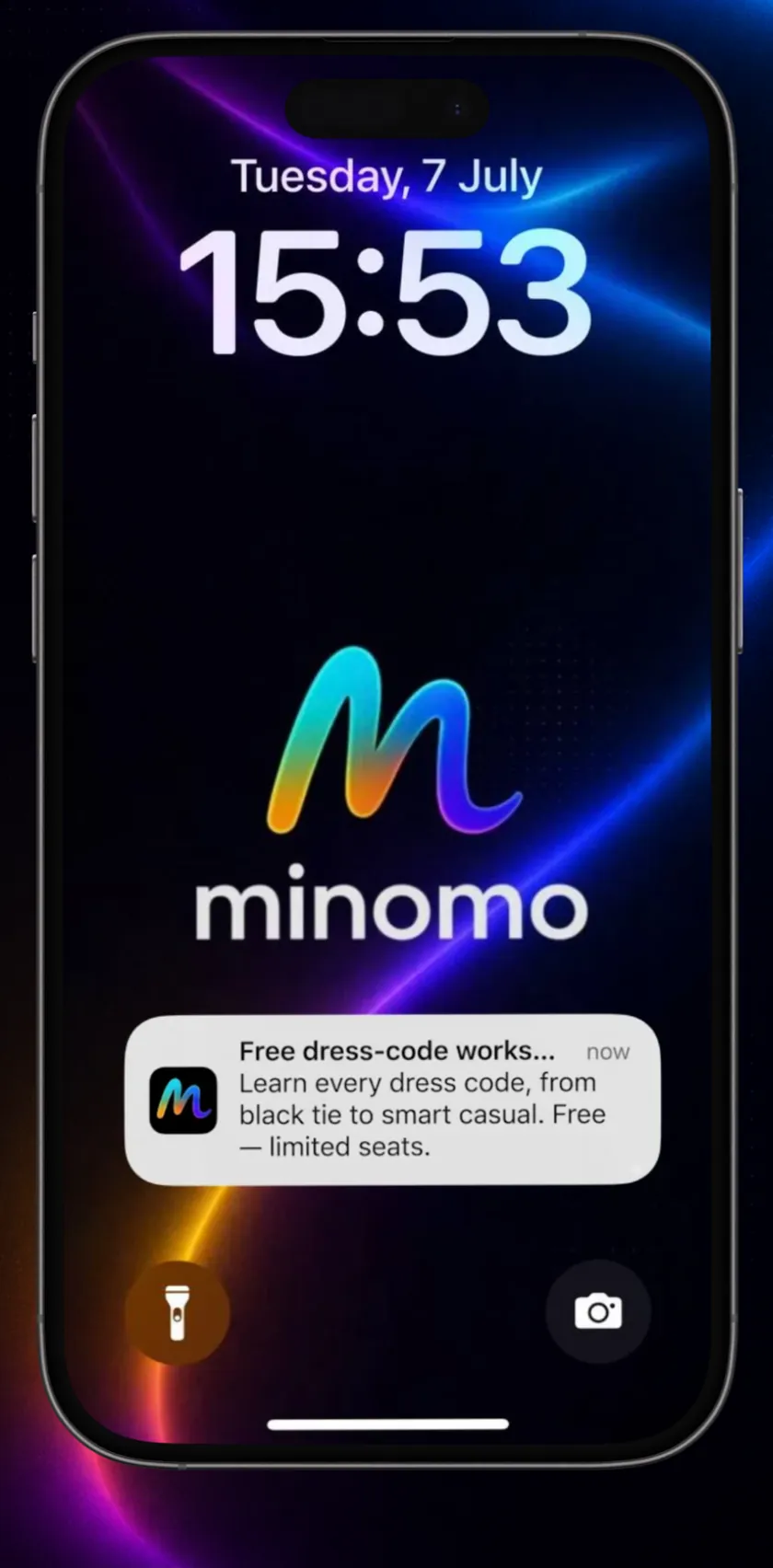 Ecran de blocare cu o notificare push MINOMO de la un magazin urmărit