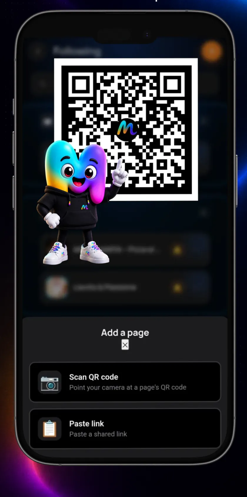 Scanerul QR MINOMO: urmărește un magazin dintr-o atingere, cu Mino arătând spre un cod QR